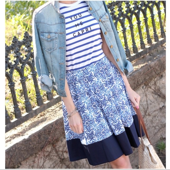 MILLY FOR DESIGNATION Skirt Pleated Stretch A-Line Boho Blue Tile Sizes S M - Picture 3 of 6